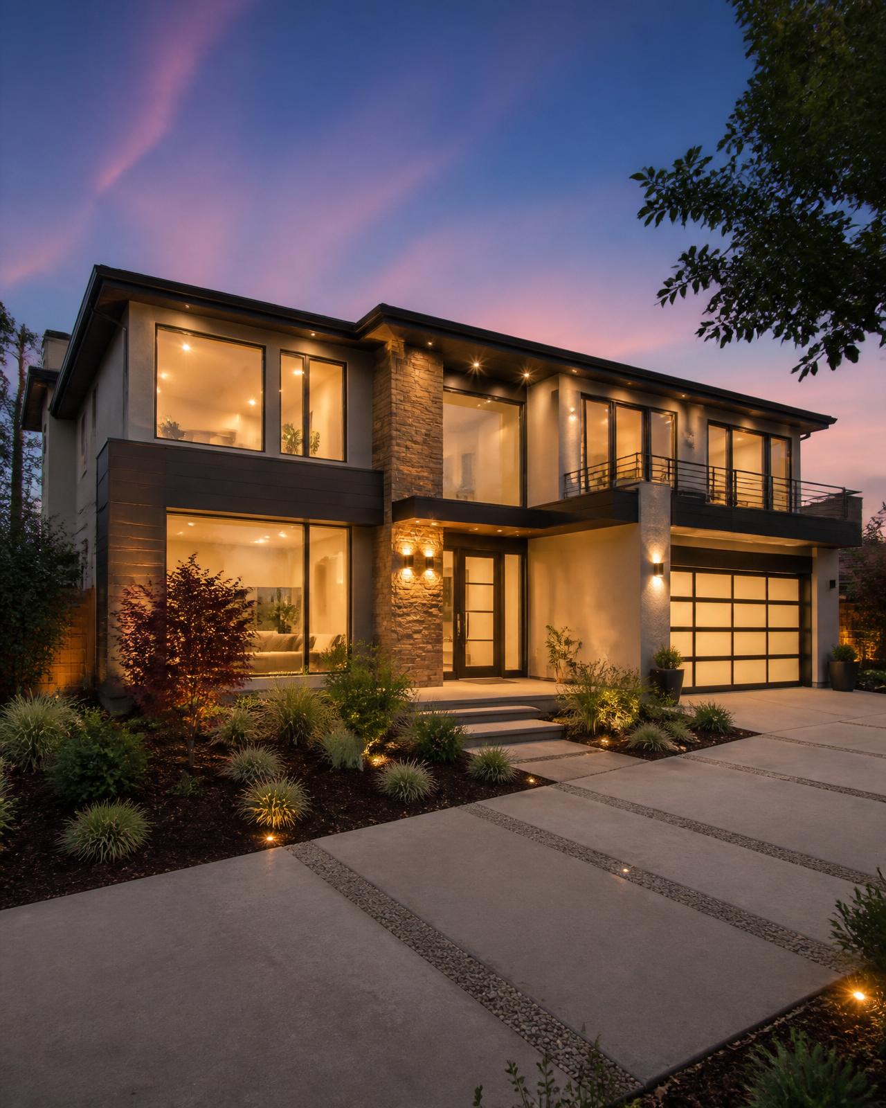 Modern home exterior at dusk